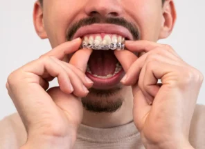 Man Inserting Invisalign Tray